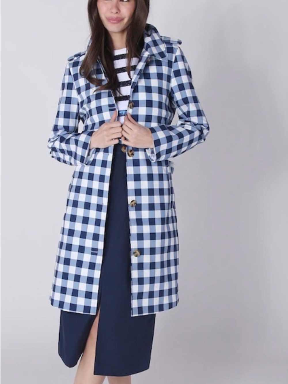 Isaac Mizrahi Navy & White Gingham Trench Coat - Women's Jacket Brand New